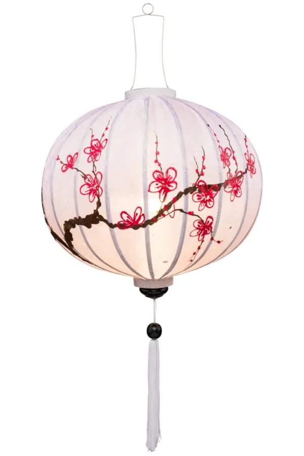 Chinese round silk lantern painted with a cherry blossom